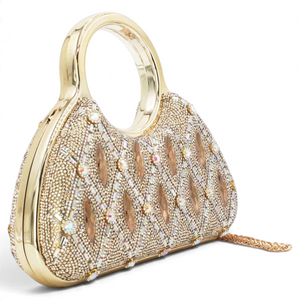 SUL EXTRAS Aurelia evening bag featuring gold rhinestone latticework, faceted embellishments, and circular top handles.