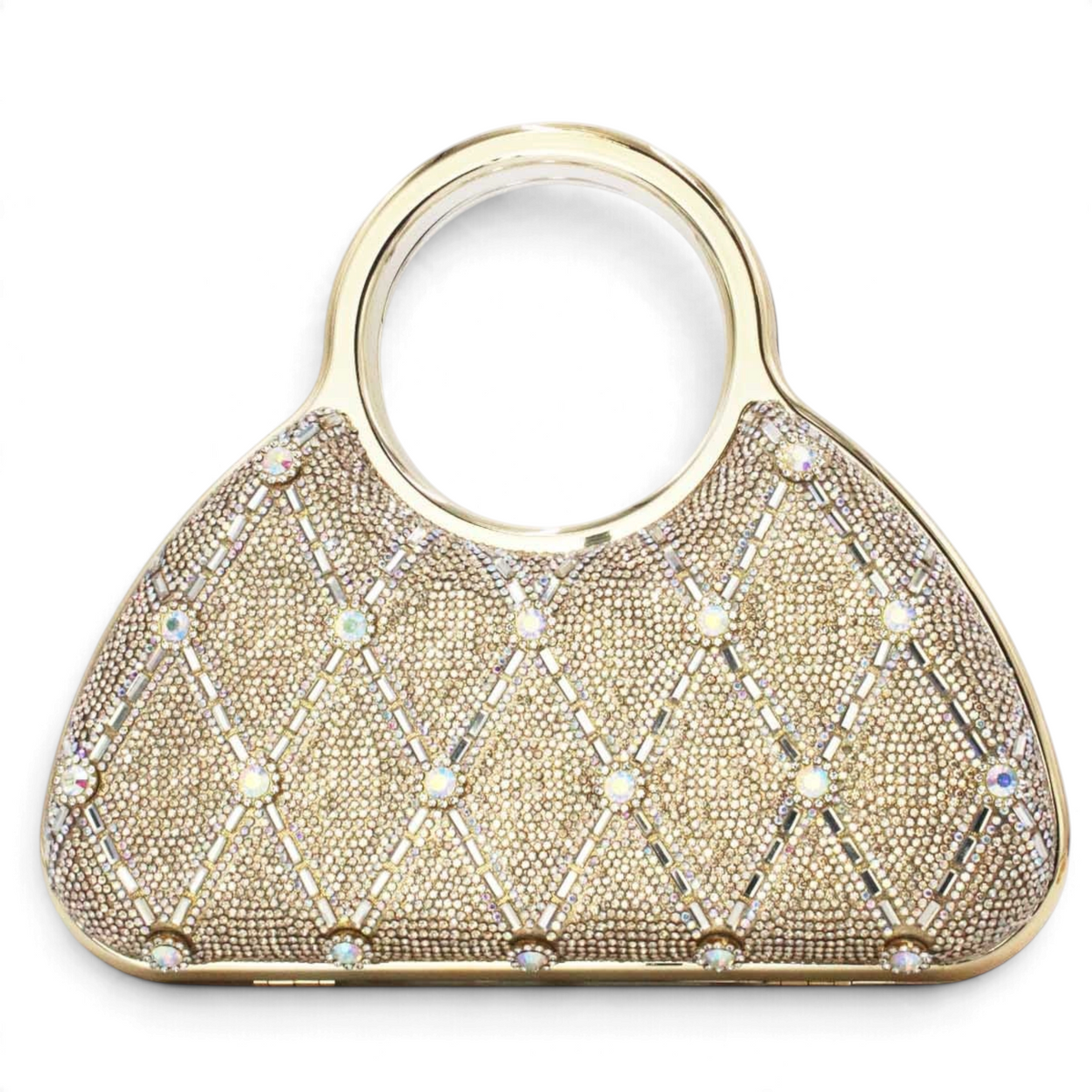 SUL EXTRAS Aurelia evening bag featuring gold rhinestone latticework and polished circular top handles.