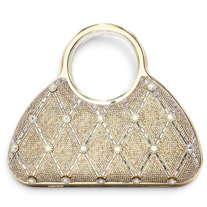 SUL EXTRAS Aurelia evening bag featuring gold rhinestone latticework and polished circular top handles.