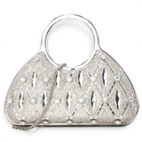 SUL EXTRAS Aurelia evening bag featuring silver rhinestone latticework, faceted embellishments, and circular handles.