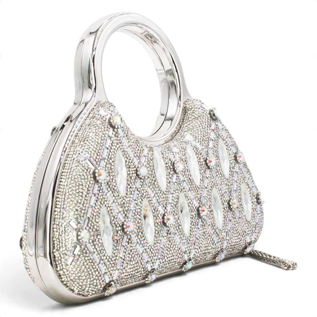 SUL EXTRAS Aurelia evening bag featuring silver rhinestone latticework, faceted embellishments, and circular top handles.