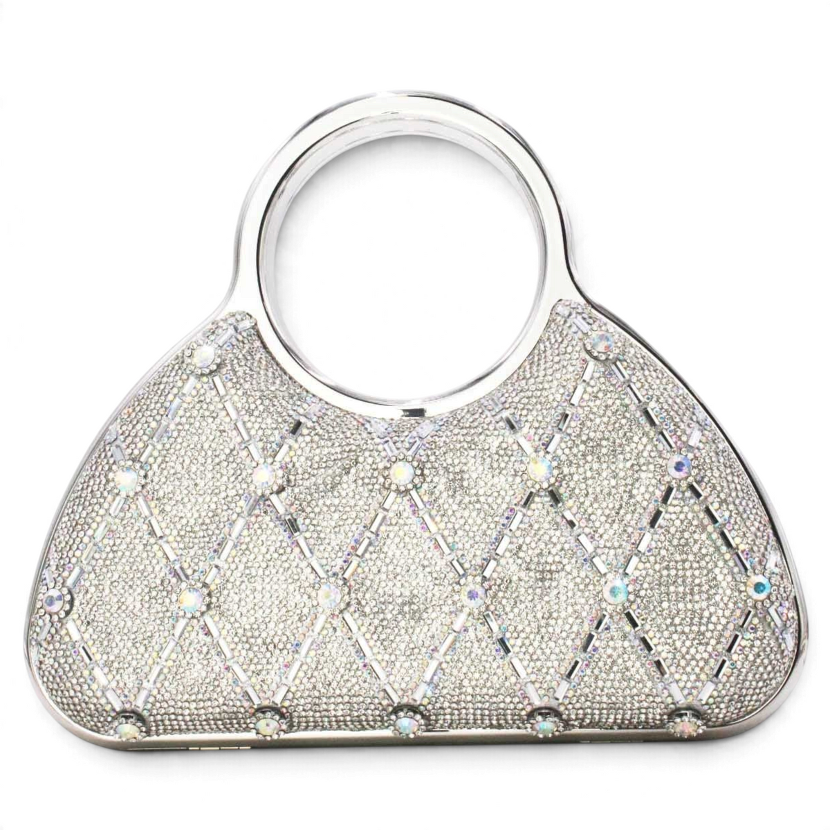 SUL EXTRAS Aurelia evening bag with silver rhinestone latticework, circular top handles, and faceted embellishments.