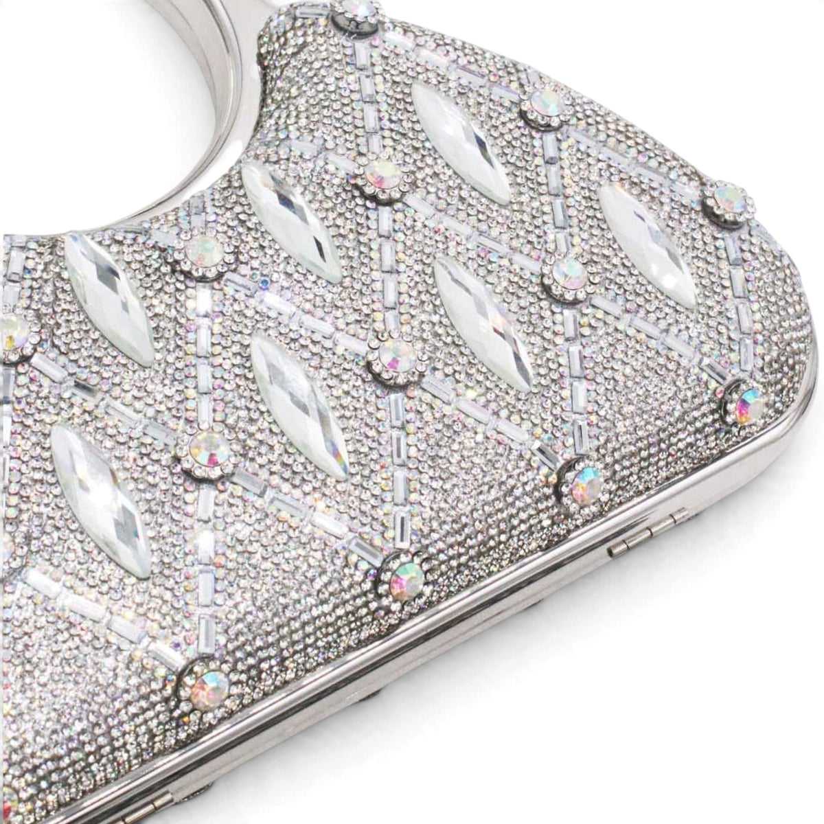 SUL EXTRAS Aurelia evening bag featuring silver rhinestone latticework and faceted embellishments with circular handles