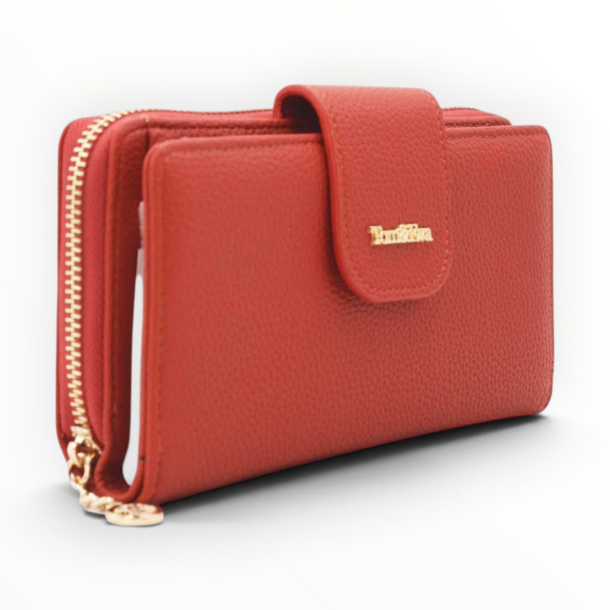 SUL EXTRAS red pebbled leather-effect Tom & Eva wallet with gold-tone hardware and snap-button closure