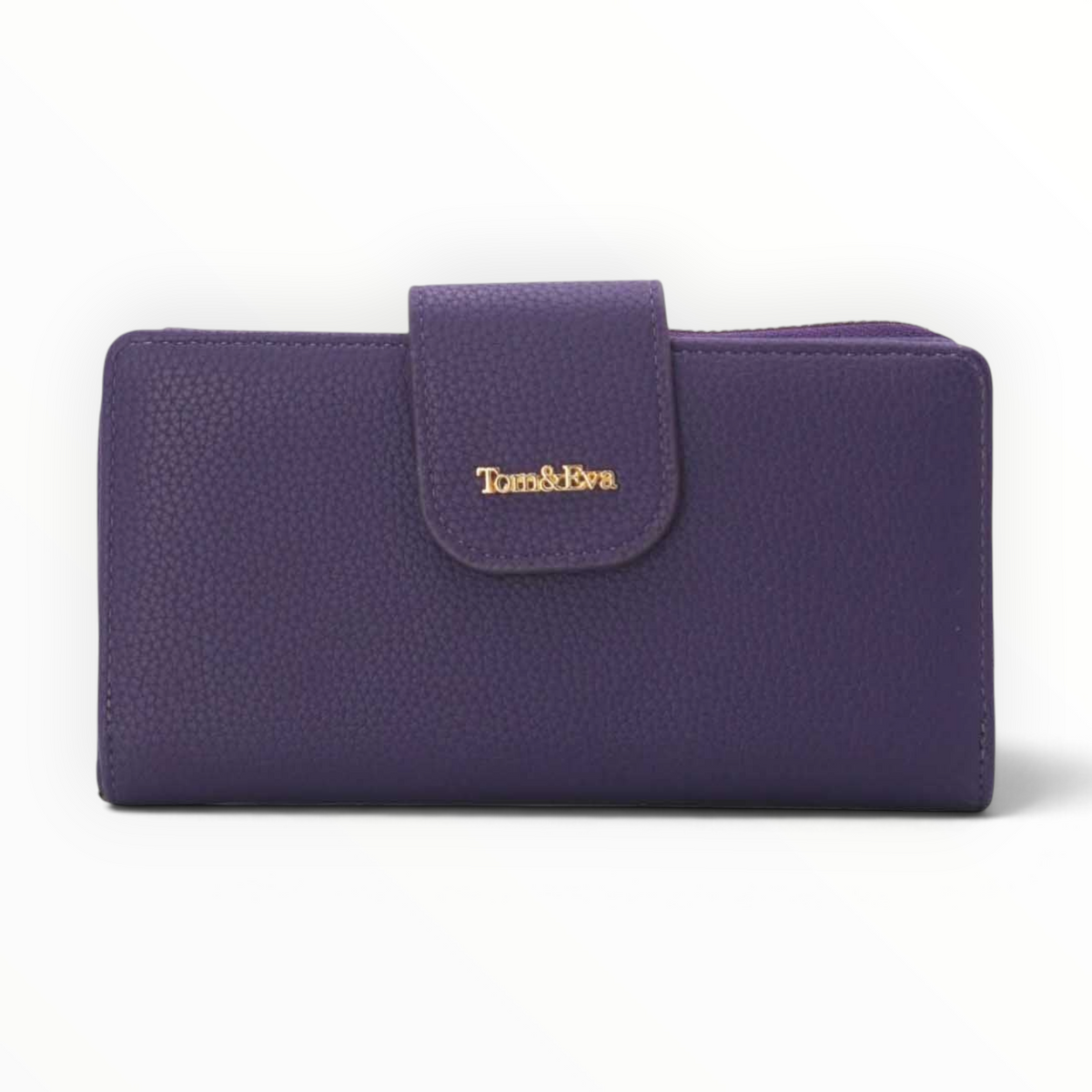 SUL EXTRAS Tom & Eva purple pebbled leather-effect wallet with gold-tone branding and snap-button closure