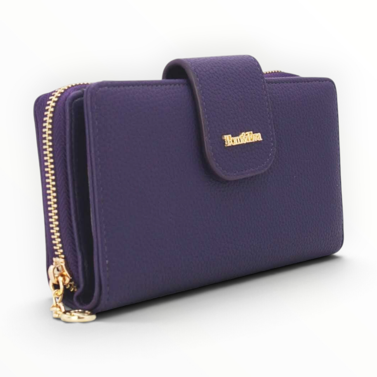 SUL EXTRAS Tom & Eva purple pebbled leather-effect wallet with gold-tone hardware and snap-button closure.