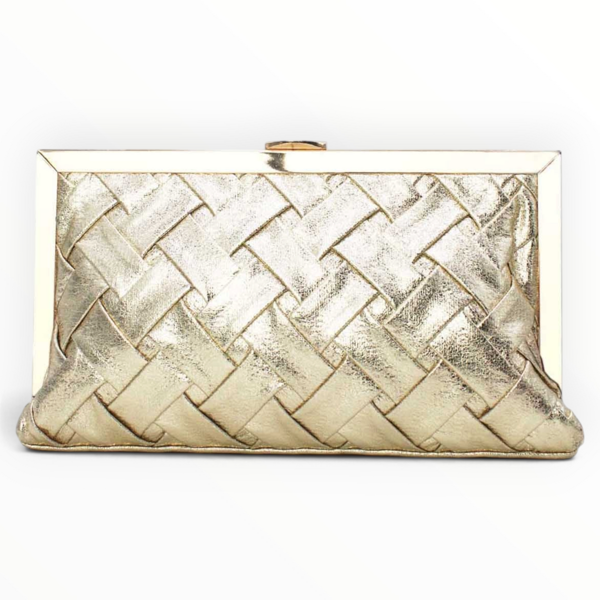 SUL EXTRAS Solène metallic gold evening clutch with a woven synthetic exterior and polished frame clasp