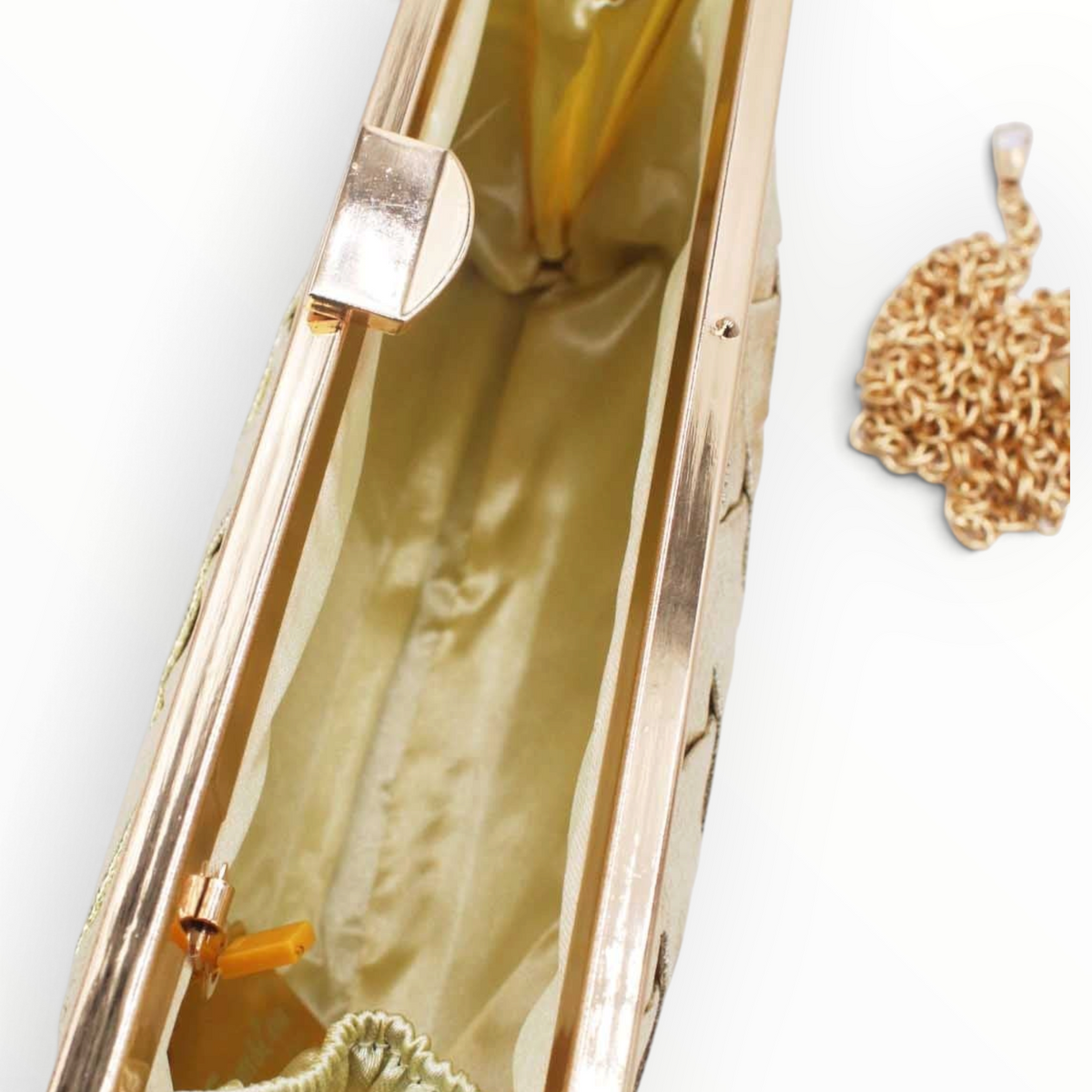 SUL EXTRAS Tom & Eva metallic woven evening clutch with open interior, gold frame, and detachable chain strap