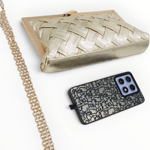 SUL EXTRAS Solène metallic gold woven evening clutch with detachable chain strap and smartphone for size reference