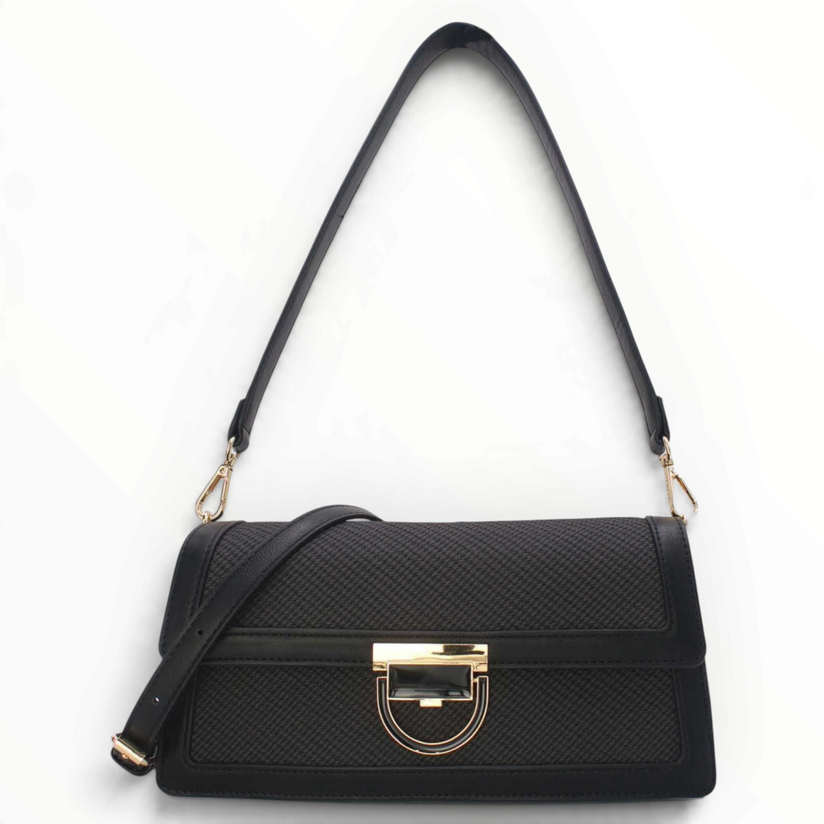 SUL EXTRAS Tom & Eva Riviera black shoulder bag with straw-effect texture, gold-tone clasp, and detachable straps.