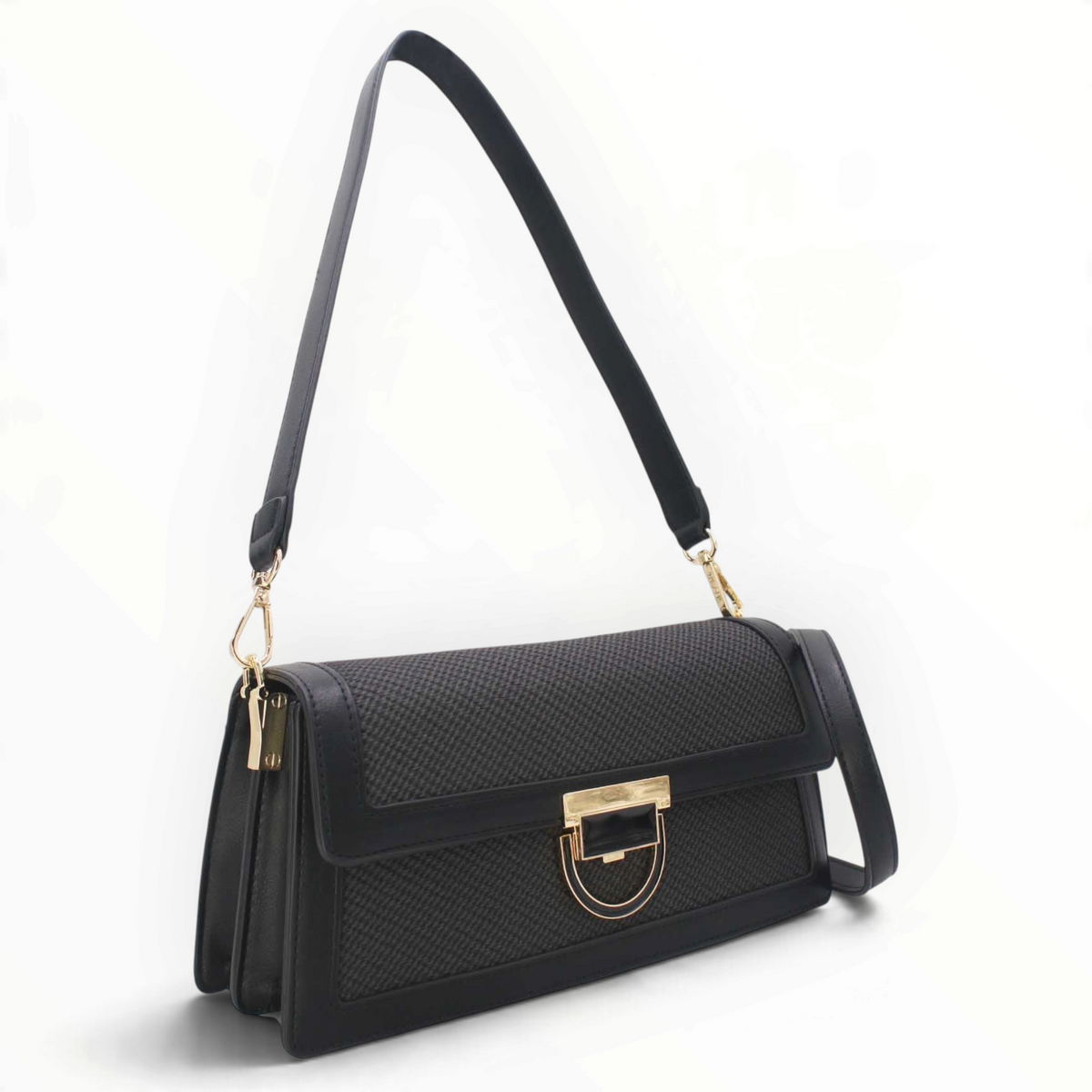 SUL EXTRAS Tom & Eva Riviera black straw-effect shoulder bag with gold-tone clasp and detachable straps