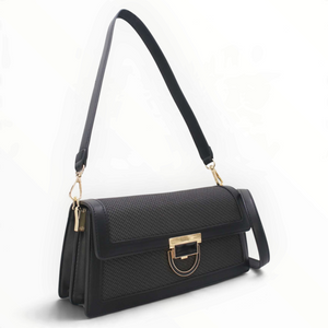 SUL EXTRAS Tom & Eva Riviera black straw-effect shoulder bag with gold-tone clasp and detachable straps