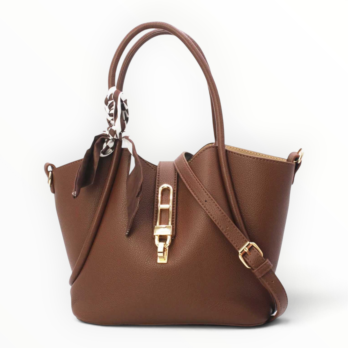 SUL EXTRAS Vivienne brown grained synthetic trapeze handbag with gold-tone turn-lock and decorative patterned scarf