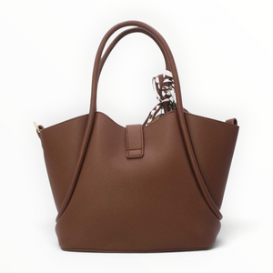 SUL EXTRAS Vivienne brown grained synthetic trapeze handbag with twin handles, gold-tone hardware, and patterned scarf.