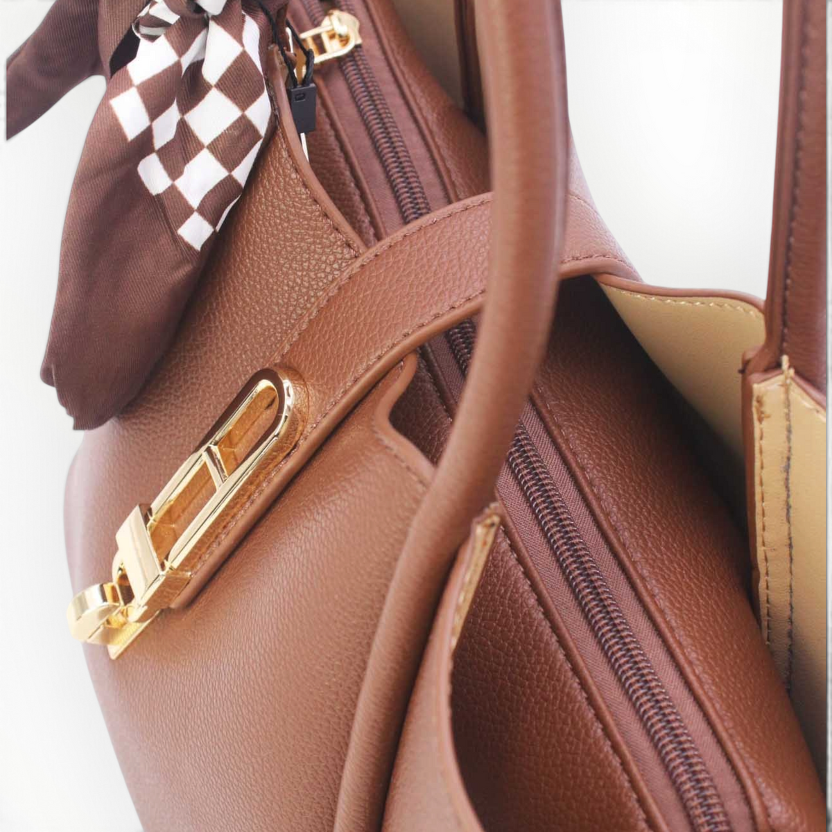 SUL EXTRAS Vivienne brown grained synthetic trapeze handbag with gold-tone turn-lock and decorative patterned scarf