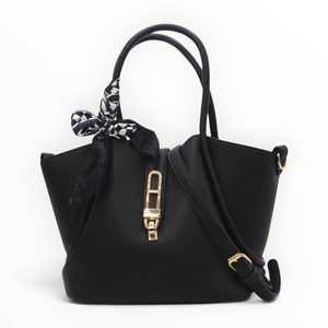 SUL EXTRAS Vivienne black grained synthetic trapeze handbag with gold turn-lock and decorative patterned scarf