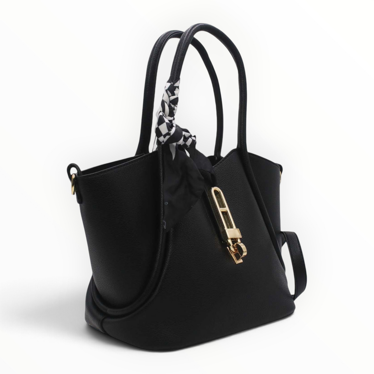 SUL EXTRAS Vivienne black grained synthetic trapeze handbag with gold-tone hardware and decorative patterned scarf