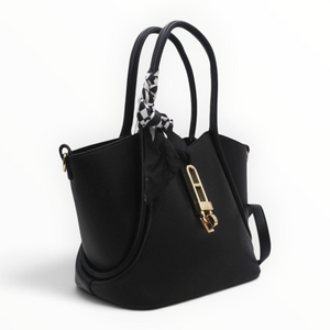 SUL EXTRAS Vivienne black grained synthetic trapeze handbag with gold-tone hardware and decorative patterned scarf