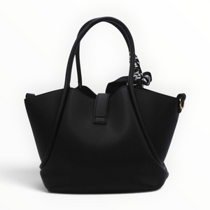 SUL EXTRAS Vivienne black trapeze handbag with grained synthetic finish, gold-tone hardware, and decorative scarf