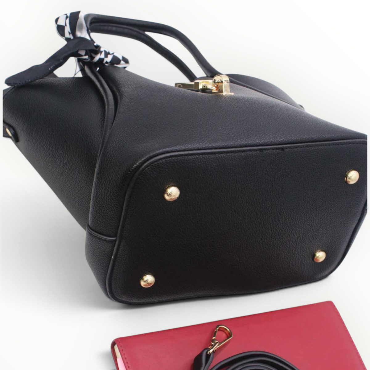 SUL EXTRAS Vivienne black grained synthetic trapeze handbag with gold hardware, scarf, and detachable shoulder strap