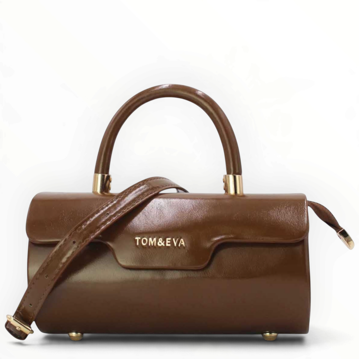 SUL EXTRAS Tom & Eva Colette brown patent-effect barrel handbag with gold-tone hardware and top handle