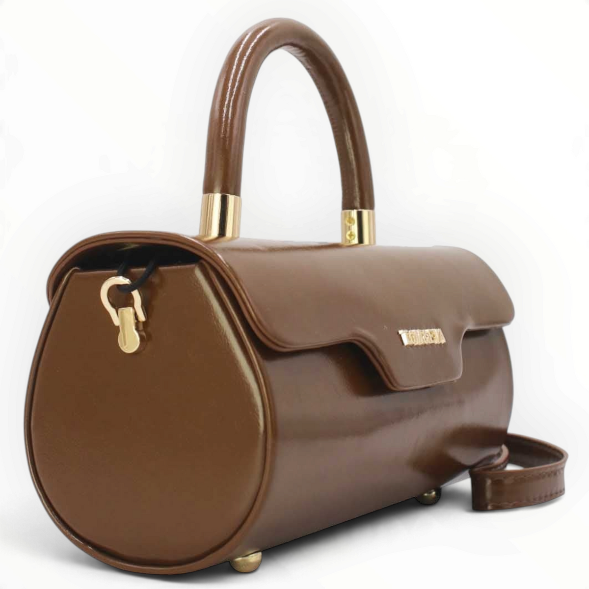 SUL EXTRAS Tom & Eva Colette brown barrel handbag with glossy patent finish, gold-tone hardware, and top handle.
