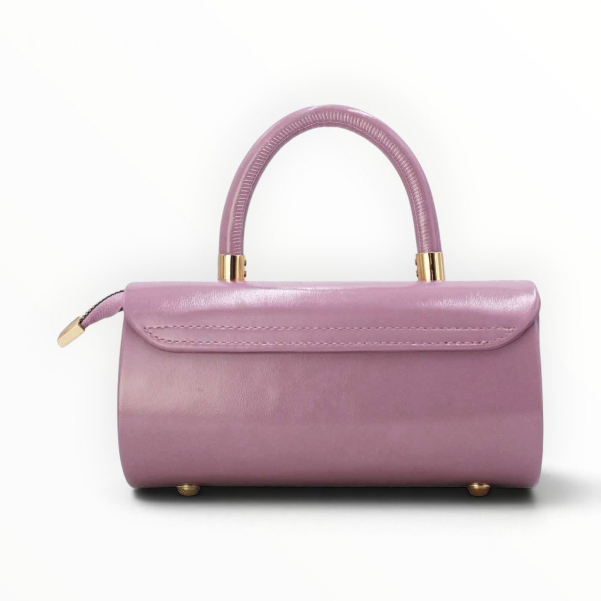 SUL EXTRAS Clarisse handbag in mauve with a glossy patent-effect finish, gold-tone hardware, and barrel silhouette.