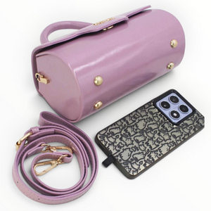SUL EXTRAS Clarisse barrel handbag in glossy mauve with gold hardware, detachable strap, and protective base feet.