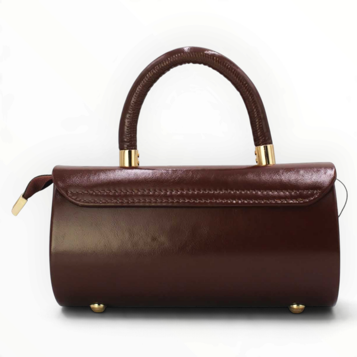 SUL EXTRAS Tom & Eva Colette barrel handbag in glossy dark brown synthetic leather with gold-tone hardware.