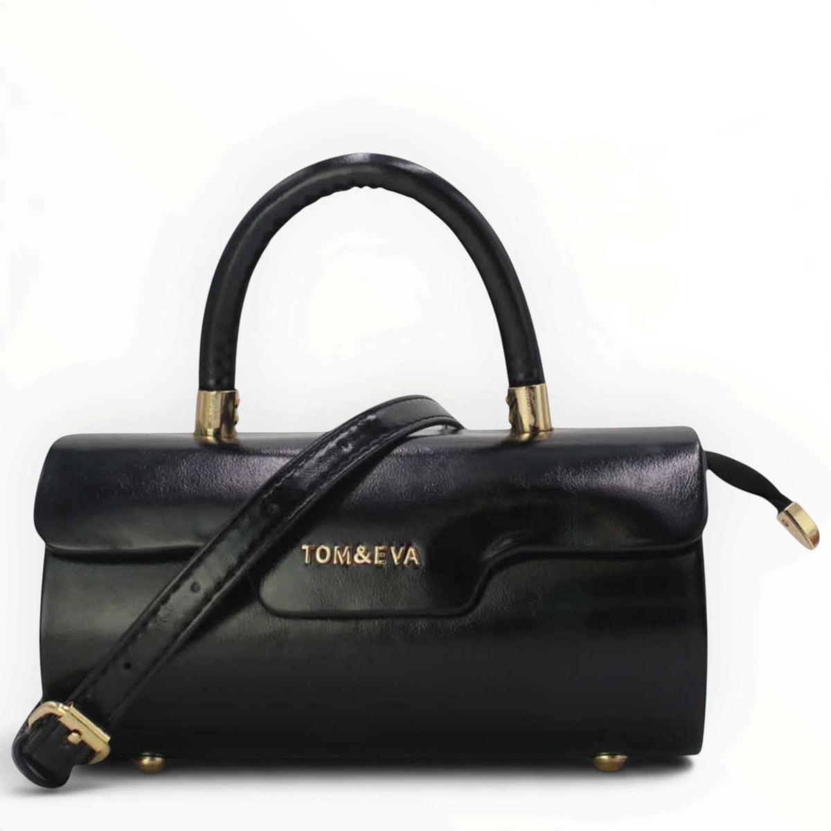 SUL EXTRAS Tom & Eva Colette black patent-effect barrel handbag with gold-tone hardware and top handle.