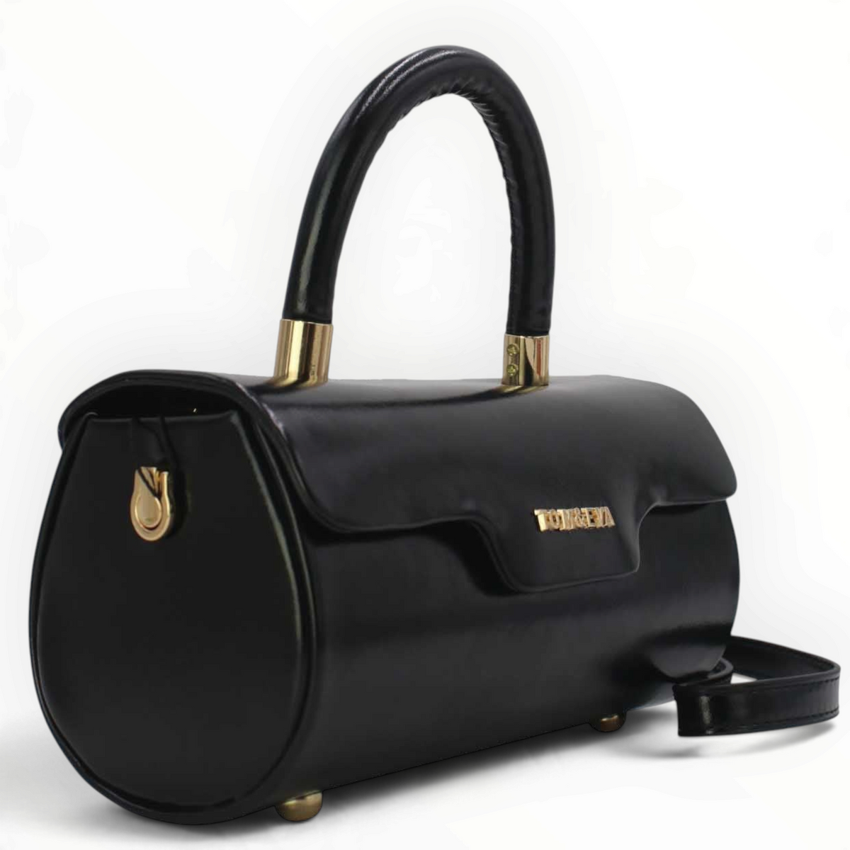 SUL EXTRAS Tom & Eva Colette black barrel handbag with glossy patent finish, gold-tone hardware, and top handle.