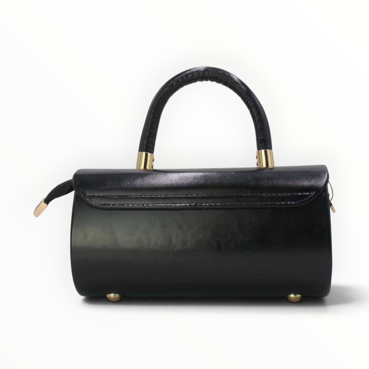 SUL EXTRAS Tom & Eva black patent barrel handbag with gold-tone hardware, top handle, and protective metal base feet.