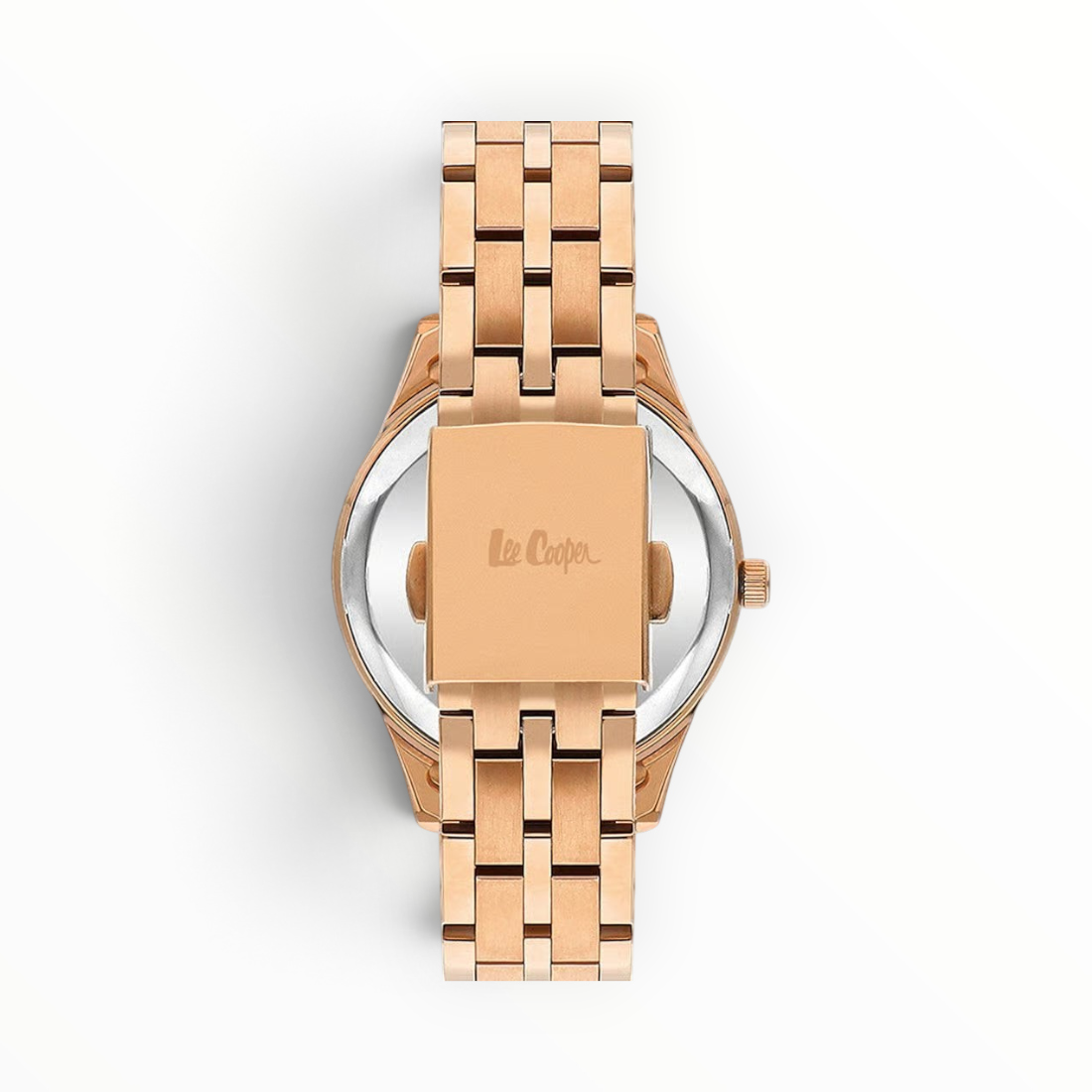 SUL EXTRAS Lee Cooper London women's watch featuring a polished rose gold three-link bracelet and secure fold-over clasp