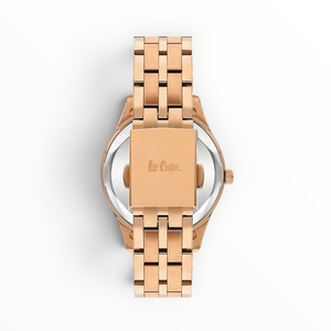 SUL EXTRAS Lee Cooper London women's watch featuring a polished rose gold three-link bracelet and secure fold-over clasp