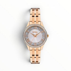 SUL EXTRAS Lee Cooper London women's watch with rose gold bracelet, crystal pavé bezel, and silver sunray dial.