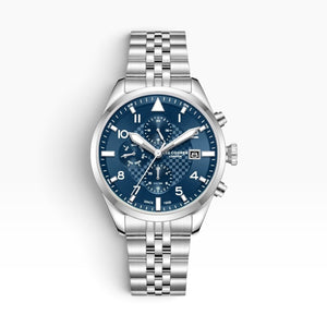 Lee Cooper London | Navy Blue Aviator Pilot Multifunction Silver Watch — Gift Set with Interchangeable Blue Leather Strap — 41mm
