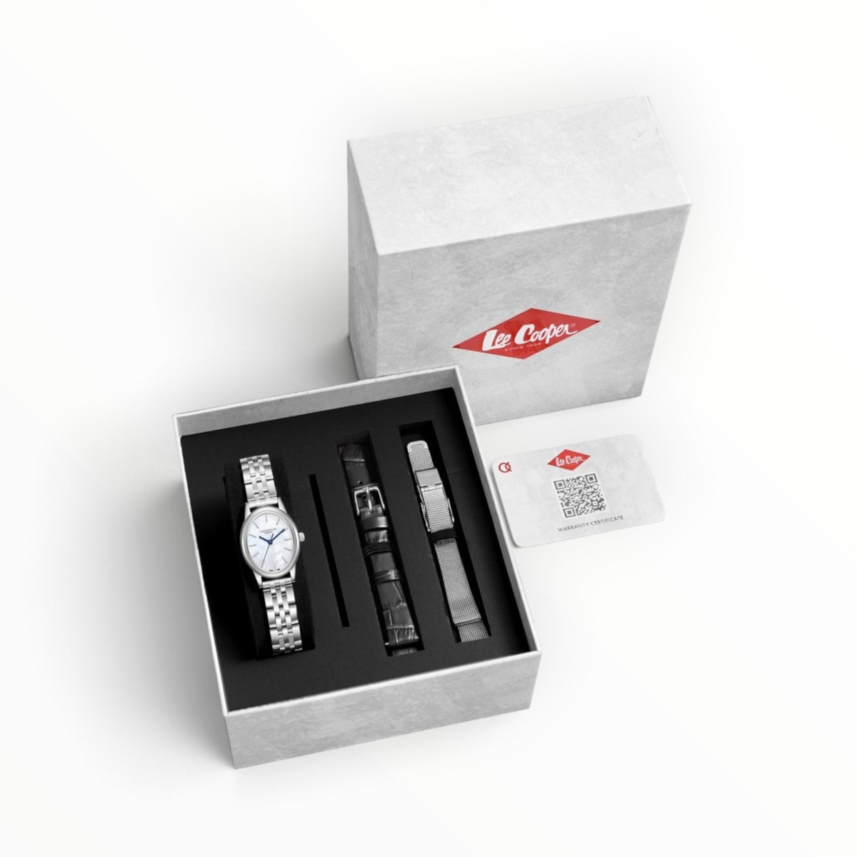 SUL EXTRAS Lee Cooper women's oval watch set with mother-of-pearl dial, silver-tone metal strap, and extra bands.