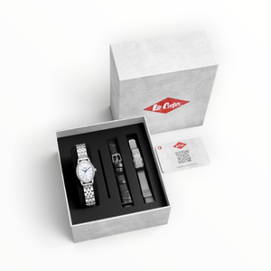 SUL EXTRAS Lee Cooper women's oval watch set with mother-of-pearl dial, silver-tone metal strap, and extra bands.