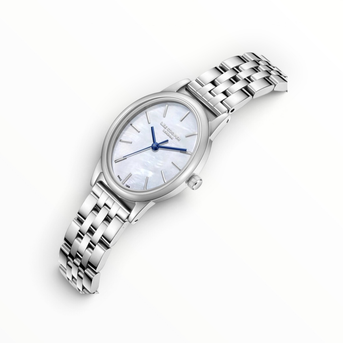SUL EXTRAS Lee Cooper women's oval watch with a shimmering mother-of-pearl dial and polished silver-tone metal strap.