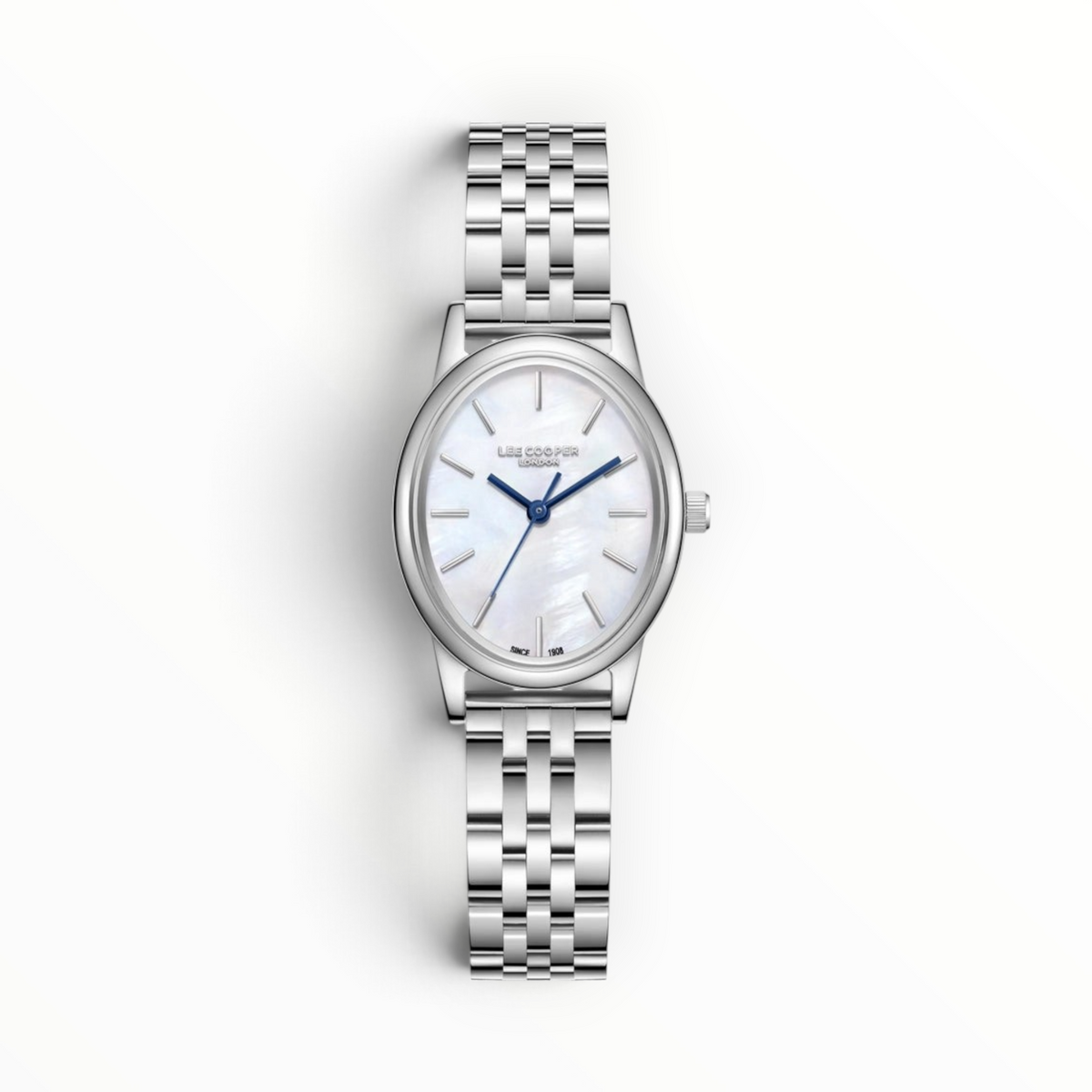 SUL EXTRAS Lee Cooper women's oval watch with a shimmering mother-of-pearl dial and silver-tone metal link strap