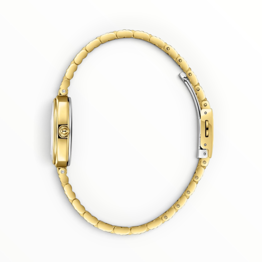 SUL EXTRAS Lee Cooper London women's watch with a gold ribbed bracelet and cushion square case, side profile view.