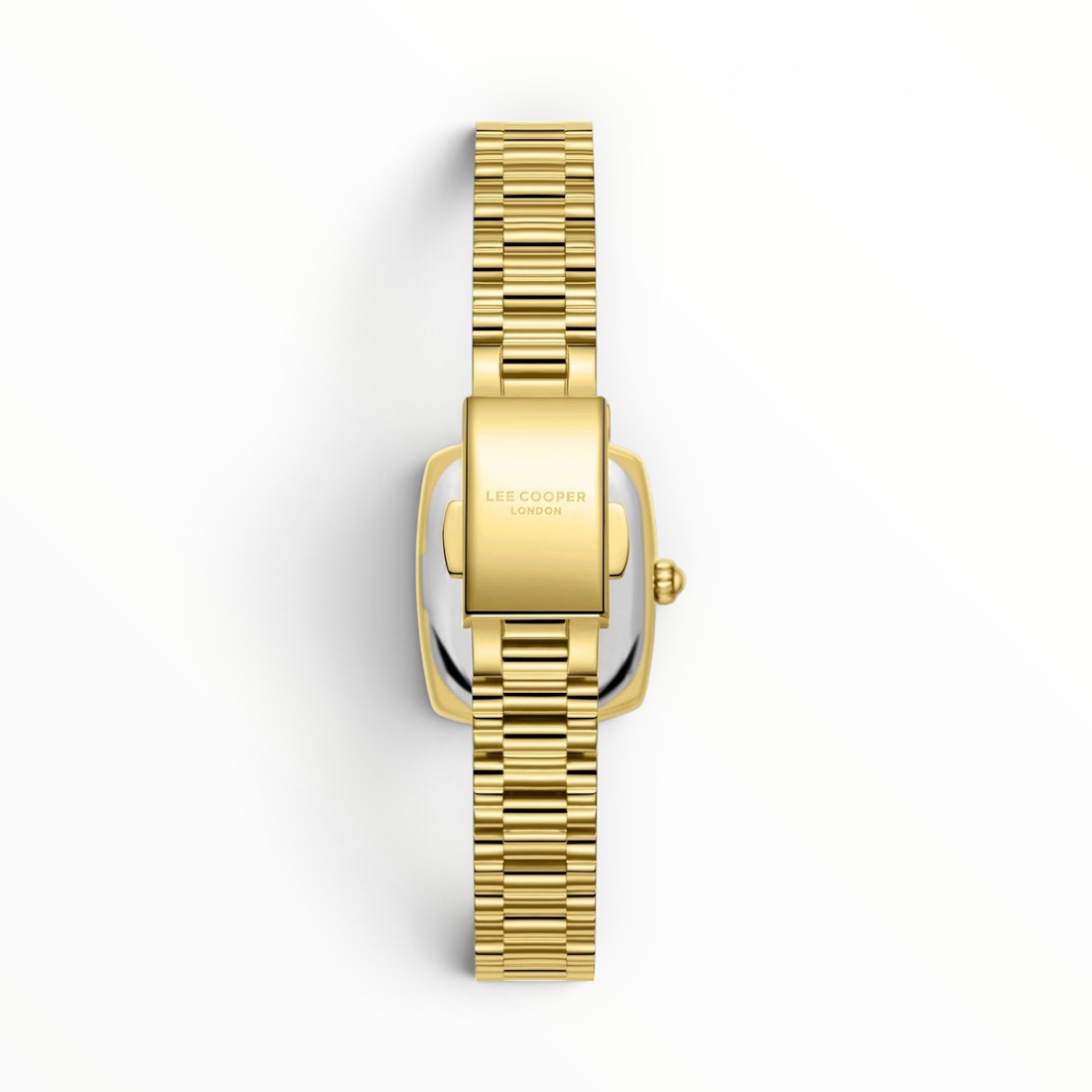 SUL EXTRAS Lee Cooper London women's watch featuring a ribbed gold IP bracelet and deployment clasp, back view.