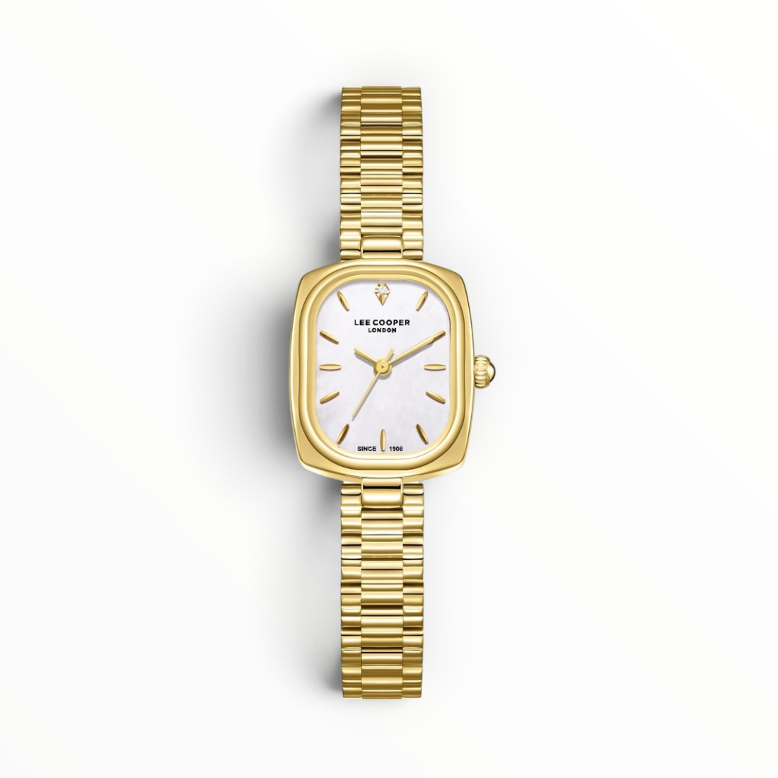 SUL EXTRAS Lee Cooper London women's watch with a square gold case, white mother-of-pearl dial, and ribbed bracelet.