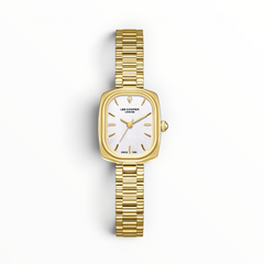 SUL EXTRAS Lee Cooper London women's watch with a square gold case, white mother-of-pearl dial, and ribbed bracelet.