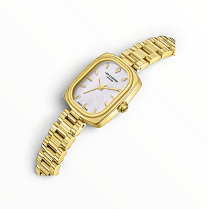 SUL EXTRAS Lee Cooper London women's gold watch with a square mother-of-pearl dial, diamond accent, and ribbed bracelet