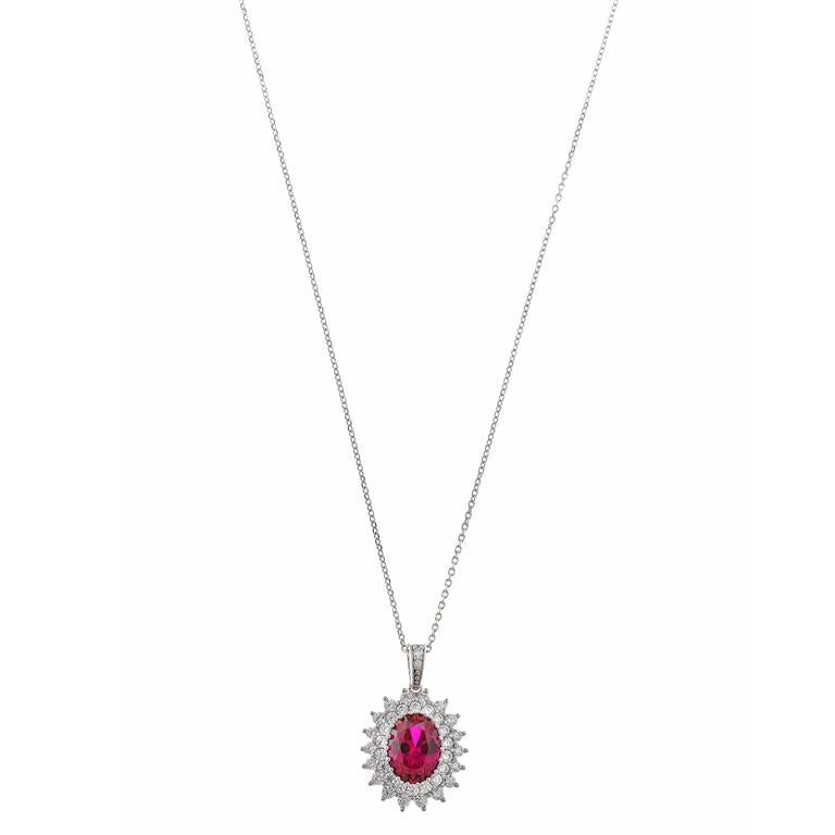 OVAL RUBY AROUND CUBIC ZIRCONIA NECKLACE SILVER 925 RHODIUM Sul Extras