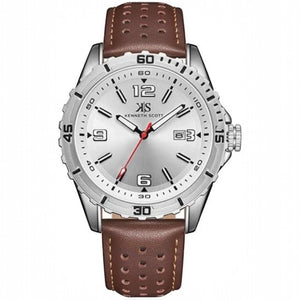 Kenneth Scott Men's Seiko PC32 Movement Watch, Analog Display and Leather Strap - K24022-SLDW, Brown