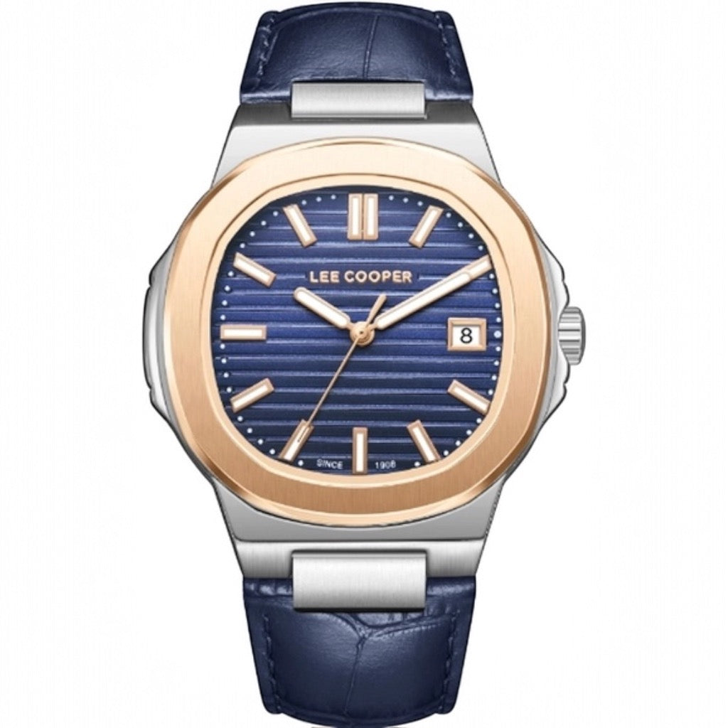 LEE COOPER - LC08108.599 -  Men's analog Octagonal rose-gold-toned bezel and a dark blue dial