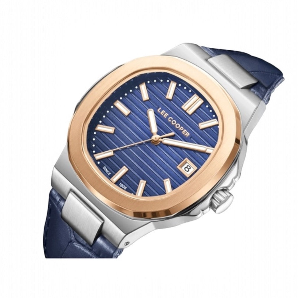 LEE COOPER - LC08108.599 -  Men's analog Octagonal rose-gold-toned bezel and a dark blue dial