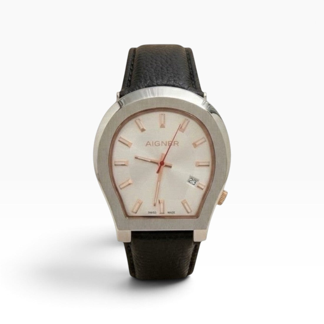 Aigner Milano | White Mother-of-Pearl Silver Watch with Black Leather Strap — 40mm